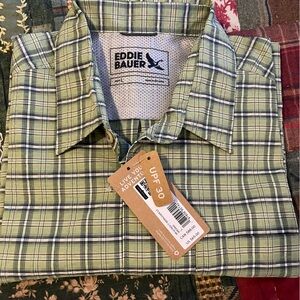 NWT Eddie Bauer UPF 30 Olive & Navy Plaid Short-Sleeve Shirt